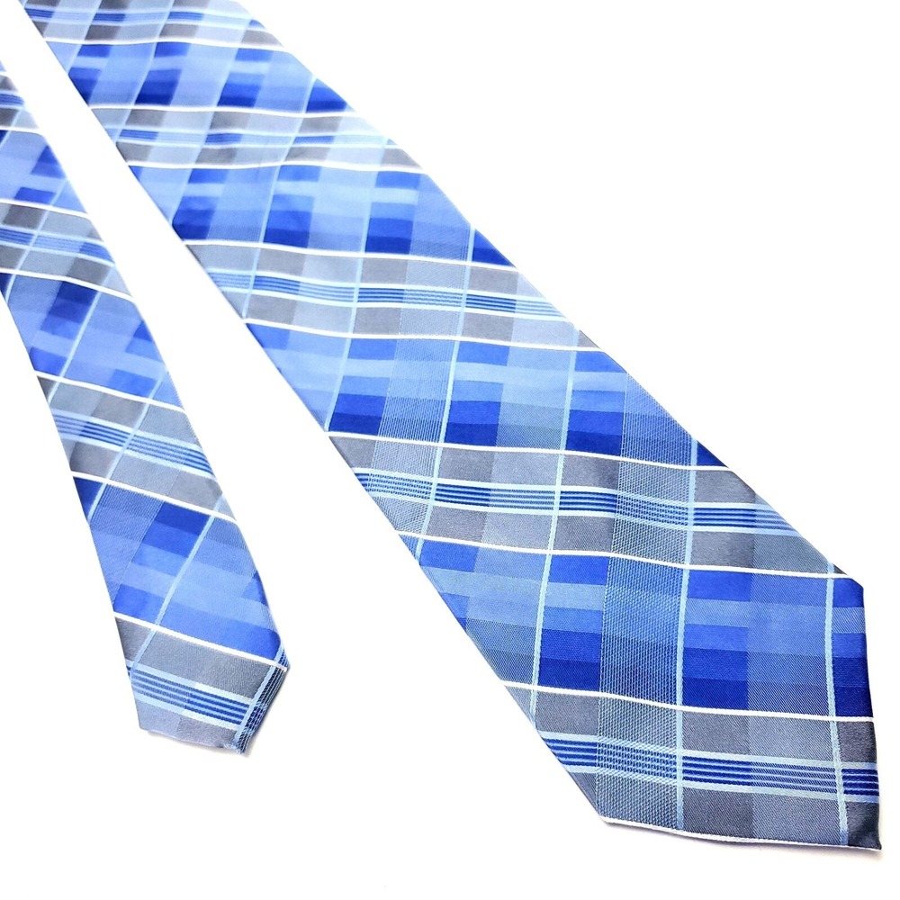Calvin‎ Klein Blue Silk Tie Woven Skinny Plaids & Stripes